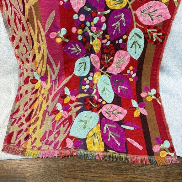 Embroidered Colorful Red Leaf / Floral  Wool? Scarf Shawl Wrap Stole 76" Long - Picture 10 of 14